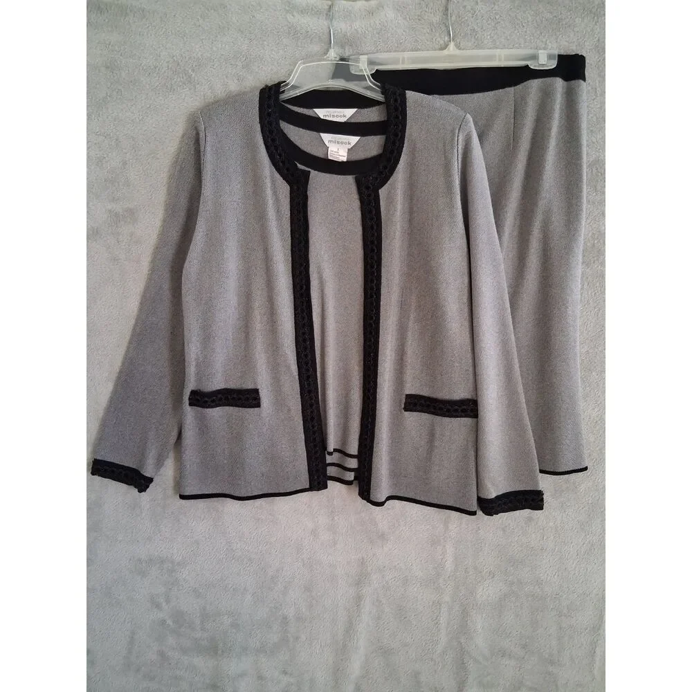 Misook 3 Piece Sz L Skirt Blazer Tank Knit Suit Gray Black Knee Length Career